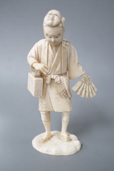 A Japanese carved ivory figure, Meiji period, of an actor, having a noh mask on the crown of his head and holding a fan, incised signature to base, height 16cm